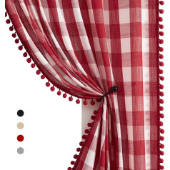 Treatmentex Red White Buffalo Checked Curtains with Ruffle Tape, Semi-Transparent 135 cm Wide Curtains, Country House Style for Farmhouse, Bedroom, Living Room, 2 Pieces (Red White, 135 x 225 cm)
