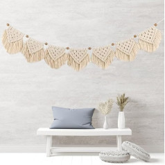 Tokenhigh Macrame Wall Hanging, Boho Decorative Tapestry, Leaf Tapestry, Fringe Garland, 100 cm x 14 cm, Handwoven Garland, Boho Wall Decoration for Living Room, Bedroom, Balcony, Gift for Women (A)
