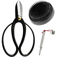 Wazakura 3 Piece Japanese Ikebana Tool Set, Made in Japan, Flower Arrangement Set - Koryu Scissors + 80mm Round Kenzan Black + Kenzan Care Tool