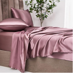 Jemiipee Fitted Sheet 3-Piece Satin Shiny Plain 90 x 190 cm for Mattresses up to 36 cm, Flat Sheet Set with Flat Sheet, Fitted Sheet, 2 Pillowcases - Mauve
