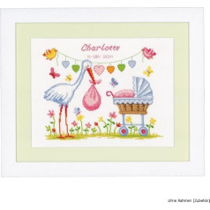 Vervaco Birth Record Stork and Pram Counted Cross Stitch Kit, Multi-Colour