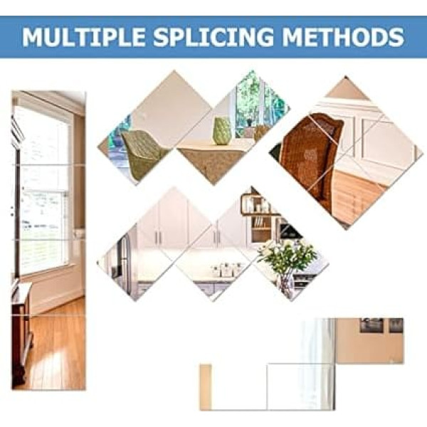Self-Adhesive Mirror Tiles, 30 x 30 cm, Pack of 6, 2 mm, Self-Adhesive Flexible Mirror, Non-Glass, DIY Acrylic Wall Decoration, Decorative Mirror, Frameless Wall Mirror
