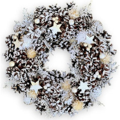 MIJOMA Christmas Wreath, Pine Cone Wreath, Beautiful Winter Decoration for Wall and Door, Handmade Advent Wreath with Real Pine Cones, Artificial Fir and Berries (White/Brown)
