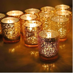 Tea Light Holder Gold, Set of 12 Glass Candle Holders, Large Pack for Wedding Table Toppers, Mercury Glass Tea Light Holder (5.5 cm x 6.5 cm, W/H)