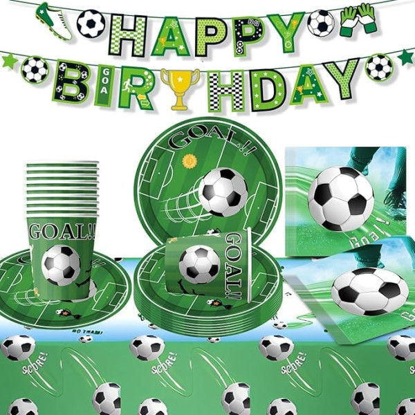 Pack of 42 Football Party Tableware Set, Football Decoration Birthday Paper Plates Party Set, Football Birthday Decoration, with Banner Napkins Plates Cup Tablecloth for Boys Sports Theme Decorations