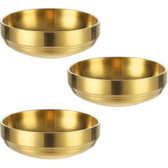 3 Large Double Tier Stainless Steel Sauce Bowls, Round Spice Tray, Sauce Plates, Sushi Dip Bowls, Appetizer Tray, Spice Bowl for Restaurant, Home (12cm, Gold, 175ml)
