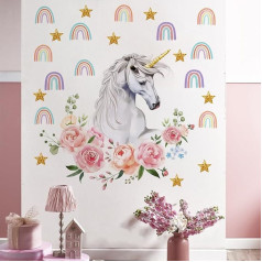 Runtoo Wall Sticker Unicorn Horses Girls XXL Wall Sticker Rainbow Flowers Wall Sticker Children's Room Baby Room Living Room Bedroom Hallway Wall Decoration