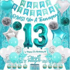 13 Geburtstag Party Dekoration Mädchen - Blaugrün Happy Birthday Banner Cake Topper Kit mit Schärpe Folie Fransenvorhang, Offizielle Teenager Konfetti Latex Ballons für 13 Jahre Alt Party Supplies