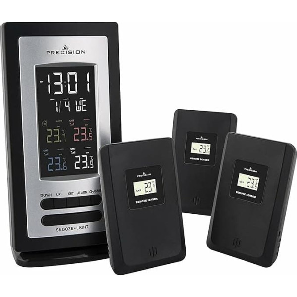 Precision radio-controlled multi-temperature digital clock with alarm and snooze function, date display and 3 remote controlled temperature sensors