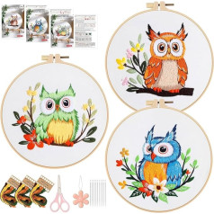 LZYDKH 3 Sets Sticksets für Erwachsene, Stickset für Anfänger mit Reifenanleitung Kreuzstich-Sets für Erwachsene Anfänger mit Eule und Blumen Stickmuster