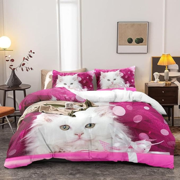 Cat Bed Linen Set 200 x 200 cm, 3D Cat Pattern Duvet Cover, Children's Duvet Cover, 1 Piece Pink Microfibre Duvet Cover + 2 Pillowcases 65 x 65 cm (Cat1,200 x 200)