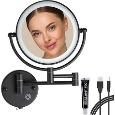 Make-Up Mirror with Lighting, Black, 1 x 5x Magnification, Cosmetic Mirror, Wall Mounted, Brass, Dimmable Shaving Mirror, Round, USB Rechargeable, Light Memory Function, Mirror Hotel