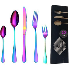 Colourful cutlery, Sulypo rainbow cutlery 20 pieces, dishwasher washable without staining, mirror polished cutlery set for 4 people