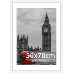 50 x 70 cm White Frame - Wood Composite and Plexiglass Picture Frame 50 x 70 cm with A2 Mount for 50 x 70 cm / A2 Prints Photos and Posters Wall Mounted Poster Frame 50 x 70 cm