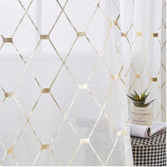 Joywell Gold Voile Curtains, Set of 2, Textured White Curtains, Diamond Transparent Privacy Glitter, Decorative Voile Curtains for Living Room, Bedroom, 245 x 140 cm
