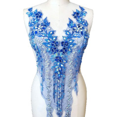 Heavy Beaded Lace Rhinestone Appliqué Flower Embroidery Lace Patches Sewing on Dance Wedding Dress Embellishments for Craft Projects (Sapphire)