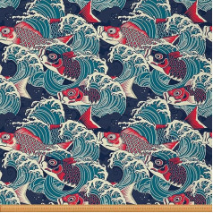 Upholstery Fabric Koi Fish Japanese Exotic Hokusai Ocean Wave Fabric for Upholstery and DIY Projects Ethnic Oriental Artwork Waterproof Outdoor Fabric 92x150cm Blue Red
