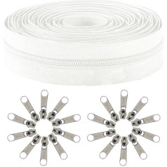 Amykite Endless Zip White with Nylon Zip 9 m + 20 Metal Sliders, #10 Sewing Zip - Width 42 mm, Zip Teeth Width 10 mm, Suitable for Bags, Clothes, Bed Linen etc.