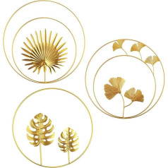 Gibsob Gold Wall Decoration Metal 3D Wall Sculptures, 3 Pieces Wall Decoration, Leaf Wall Picture, Round Ornament Wall Hanging, Wall Decoration for Bedroom, Living Room, Home Textiles (Gold), 28 cm