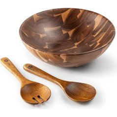 Bill.F Wooden Salad Bowl, Acacia Wood Salad Bowl Set, Large Salad Mixing Bowl with Servers, 3-Piece Large Salad Bowl Set, D30 x 10 cm