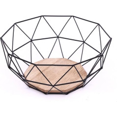 Black Geometric Metal Wire Wooden Base Decorative Storage/ Display Basket Fruit Bowl