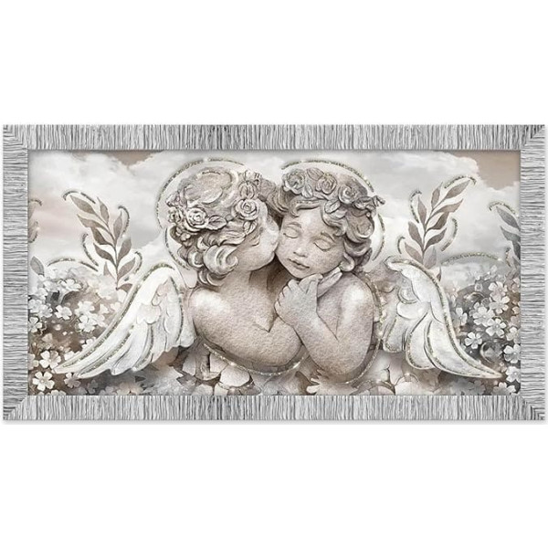 Lupia Giovy Modern Picture with Frame, White and Silver, Angels in Flowers, Print on Wooden Board with Glitter, Suitable for Living Room, Bedroom, Kitchen, Office, 60 x 110 cm, Angel Theme
