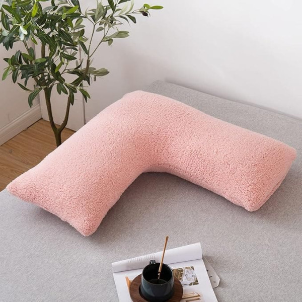 LSC Teddy Fleece V Pillow with Pillow Case, Super Soft Warm Fleece Cosy V Shaped Pillows, Hollowfibre Filling for Head, Orthopaedic Nursing Pillow, Pregnancy Pillow (Pink)