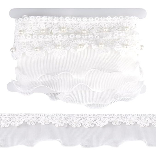 10cm Weißes Spitzenband Mit Blumenrüschen Plissierter Satin Spitzenrandbesatz 5 Yards Florale Chiffon Einfassung Applikation Für Stoffapplikationen Verzierung Hochzeit DIY Nähen Basteln