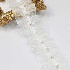 2,7 m Spitzenrand, Rüschenborte, plissiert, 4,8 cm breit, weißer Organza-Stoffeinfassung, Applikation, Perlenperlen zum Nähen, Basteln, Haustierkleidung, Kleiderdekoration (weiß)