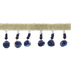 Marrakesch Collection Glasperlenquaste, Fransenborte mit Pompom-Kugel (Stil # PPFRWB-GL), Blau / Mehrfarbig #VL09 (Himmelblau, Schokoladenbraun, Kobaltblau), 7,5 cm lang, 11 m