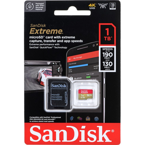 Atmiņas karte extreme microsdxc 1 tb 190/130 mb/s a2 c10 v30 uhs-i u3