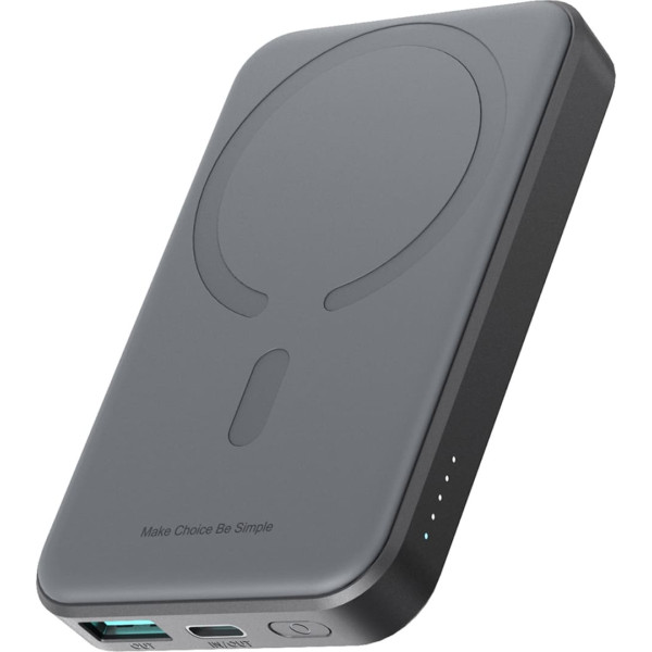 Indukcijas powerbank 5000mAh USB-A USB-C 20W ar USB-C kabeli - melns