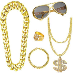Hip Hop Costume Kit, 80s/90s Hip Hop Fancy Dress Accessories for Children Adults, Fake Gold Chain/Bracelet, Fake Dollar Sign Necklace, Hip Hop Ring, Hippie Glasses for Hippie Rapper Disco Outfit