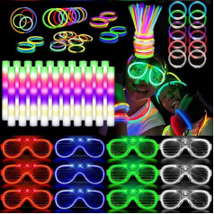 AUOHTOWRT 248 Pieces Glow Sticks Set, 200 Glow Sticks, 24 Foam Glow Sticks, 12 LED Bracelets and 12 LED Glasses, Neon Bulbs for Parties, Weddings, Concerts, New Year, Birthdays