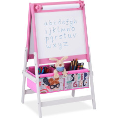 Relaxdays Children's Standing Board, 2-in-1, Children's Board with Paper Roll & Baskets, HBT 94 x 52 x 46.5 cm, Chalkboard, Pink/White