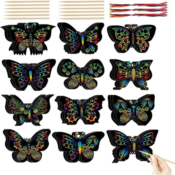 KALIONE 36 Pieces Butterfly Scratch Cards Scratch Art Butterfly Party Favors Party Crafts Butterfly Crafts 12 Styles Bamboo Pen Included