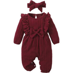 Uwdiohq Long Sleeve Jumpsuit Headband Set with Texture and Bow for 0 to 18 Newborn Set Bodysuit First Birthday Girl Baby Gift Girl Birth Set Newborn Gift Girl Set