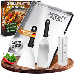 Blumtal Set Plancha Grillplatte Edelstahl inkl. 2 Grillspachteln & Ölflasche - 30x40 cm Plancha Grill Set für perfekte Röstaromen - Grillmatte Gasgrill geeignet - Edelstahl Platte rostfrei & robust