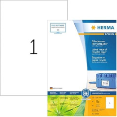 HERMA 10738 Recycled Labels, 80 Sheets, 210 x 297 mm, 1 per A4 Sheet, Pack of 80, Self-Adhesive, Printable, Matt, Blank Recycled Paper Adhesive Labels Stickers, Natural White