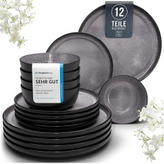 Ibiza 12-Piece Stoneware Crockery Set for 4 People, Mediterranean Crockery Set, Dishwasher, Microwave and Scratch Resistant, Bowl and Plate Set, Pure Living Black in Grey