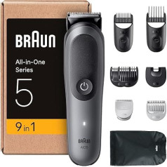 Braun All-in-One Series 5 Grooming Set 9-in-1, Ultra Sharp Blade, 120 Min Battery, SkinGuard Technology, Precise Trimming, AquaGrip for Underwater, AIO5545, Grey