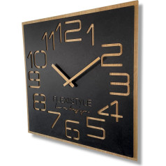 FLEXISTYLE Wall Clock Large Wood Effect Wood Digits ECO Square Silent Living Room Bedroom Made in EU (Black, 60 cm)