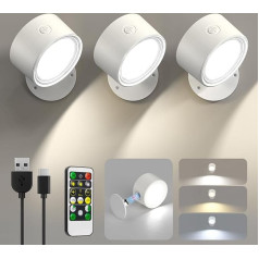 LED Battery Wall Light Indoor, Pack of 3 Wall Lamp without Power Connection, Wall Lights, 3 Colour Modes, Wireless Bedside Lamp with Remote Control, 360° Rechargeable Wall Lamp for Children, Living