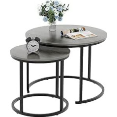Huhote Round Coffee Tables, Set of 2 Side Tables, Side Table with Metal Frame for Living Room/Bedroom/Balcony/Office/Apartment, Diameter 60 cm (Black Frame, Grey Top)