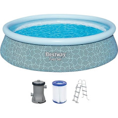 Bestway Fast Set Above Ground Pool Set with Filter Pump, Diameter 457 x 107 cm, 12,362 Litres, Graphic Line Design, TriTech Material, Filter Pump, Safety Ladder, Repair Patches, Self-Assembly, Blue