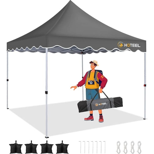 Gazebo 3 × 3, Silver Coated UV Protected Folding Gazebo, Waterproof Gazebo, Foldable Gazebo for Camping and Parties, Bonus 4 Wind Ropes + 8 Ground Stakes + 4 Sandbags (Grey)