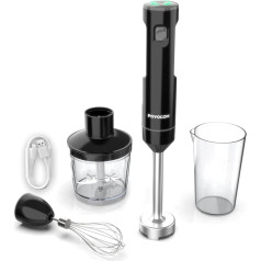Wireless Hand Blender, POYOCOM Cordless Hand Blender, with Type C Cable, Chopper 500ml, Container 600ml, Whisk, for Smoothies, Baby Food and Soups - Black