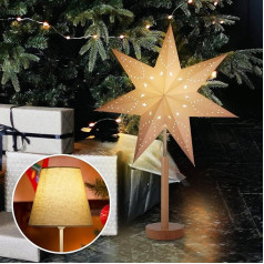 SALCAR LED Table Lamp with Christmas Star, 3D Advent Star Illuminated Paper with Wooden Base / E14 Lamp, Christmas Decoration Table with Changing Shade, 45 cm Paper Star White and Warm Lampshade