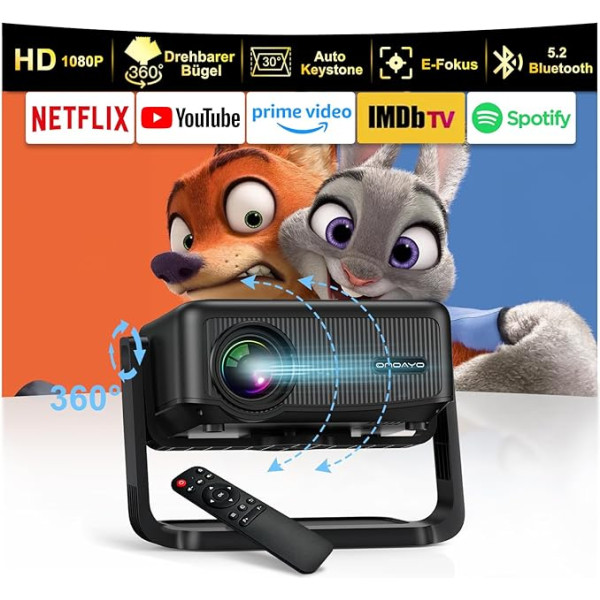 Projector 【360° Rotating Stand & Auto Keystone & E-Focus】FHD 1080P 22000LM Projector with WiFi 6 and Bluetooth 5.2.70% Zoom ONOAYO Removable Outdoor Home Cinema Projector Compatible with Mobile Phone