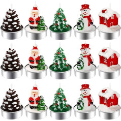 BUZIFU Pack of 15 Christmas Tea Light Candles 5 Designs Christmas Candles Handmade Delicate Santa Claus, Snowman, Pine Cones, Christmas Tree Christmas House Candles, Christmas House Decoration